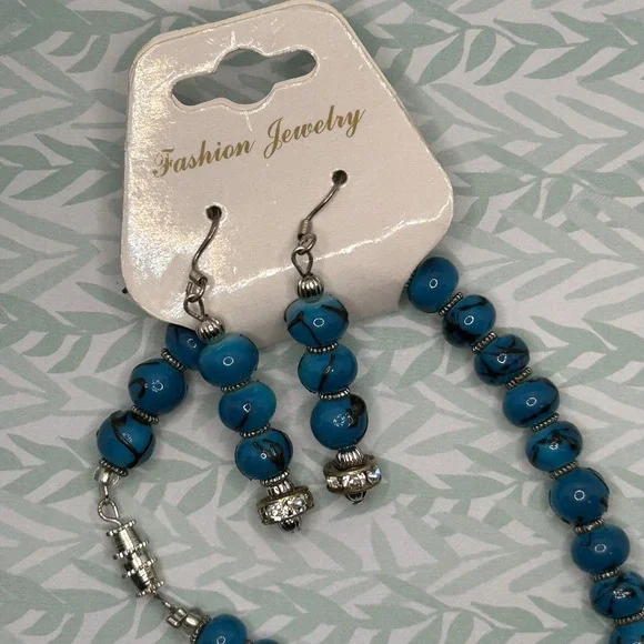 Turquoise Blue Beaded Necklace and Earrings Set Boho Jewelry Rhinestone accents - Picture 3 of 3